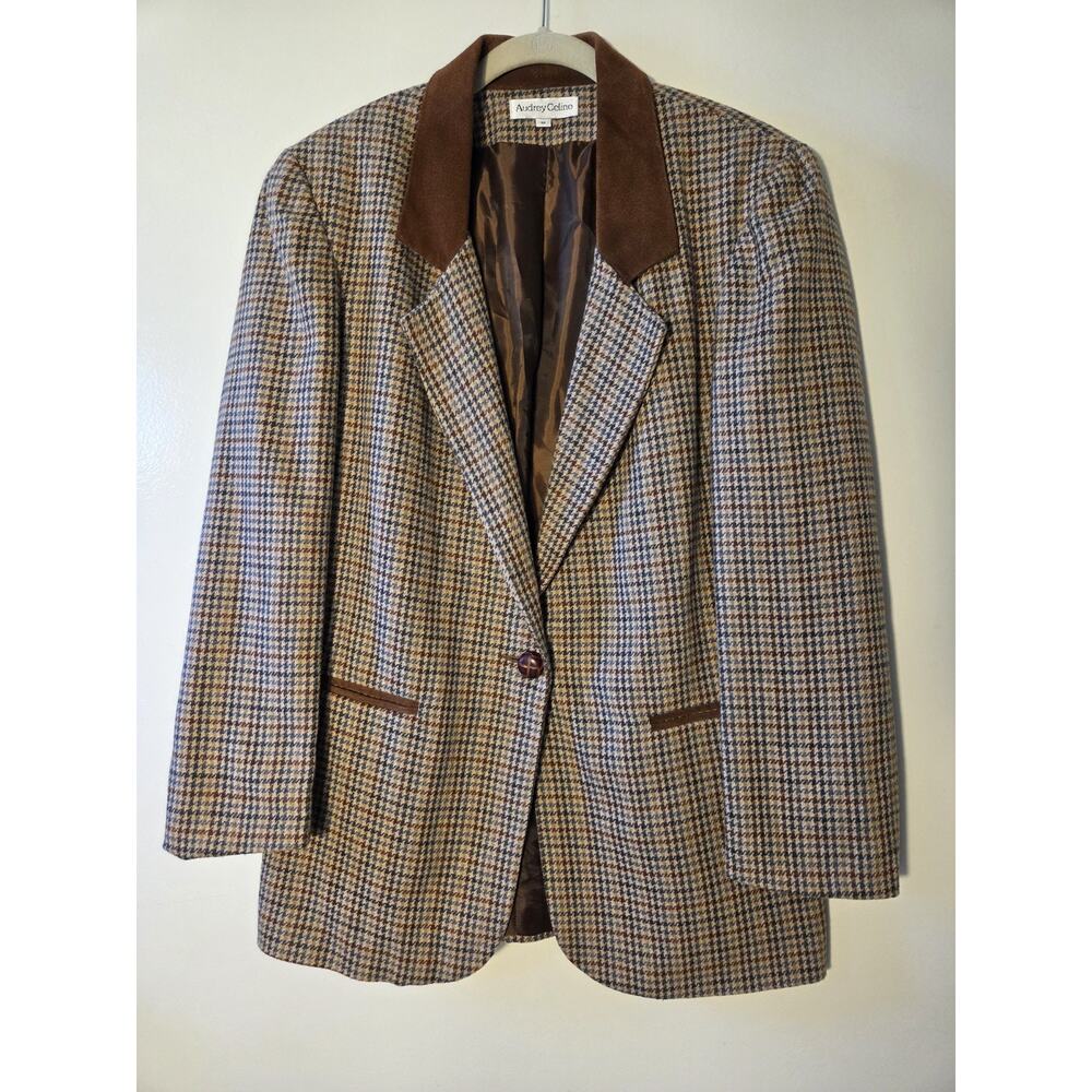 Vtg Audrey Celine Blazer Brown Wool Houndstooth Tweed One Button Womens Sz M